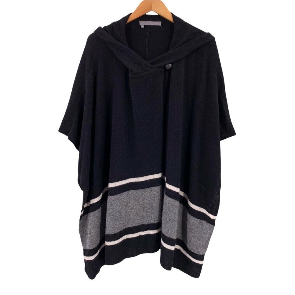 360Cashmere Black White Gray Striped Hooded Poncho One Size 100% Cashmere